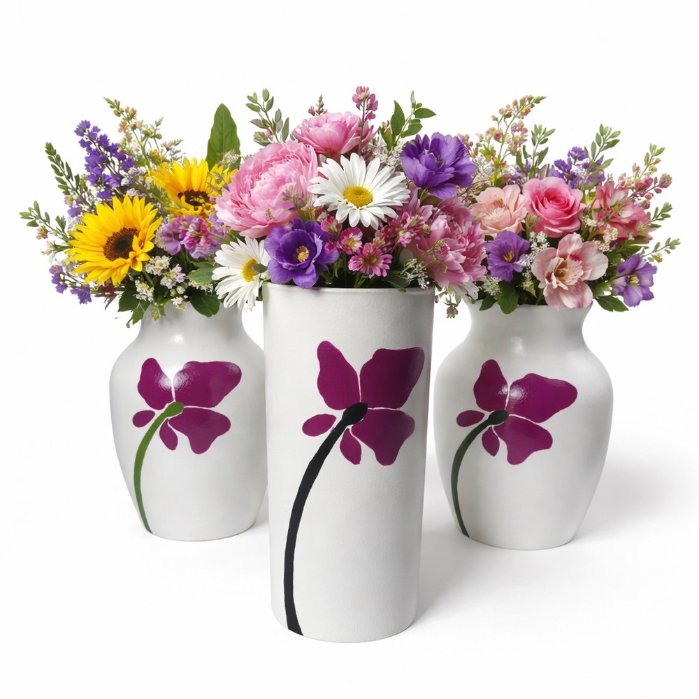 White Floral Ceramic Vases with Purple Orchid- Home Accents